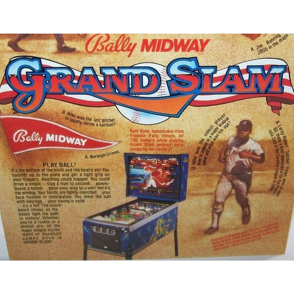 Grand Slam Pinball FLYER Original 1983 Bally Retro Baseball Themed Promo Artwork